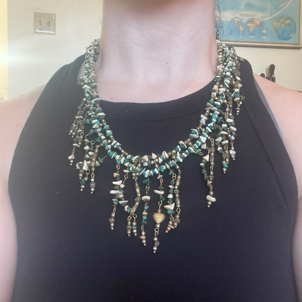 Garnet Hill Green and Tan Beaded Stone Necklace